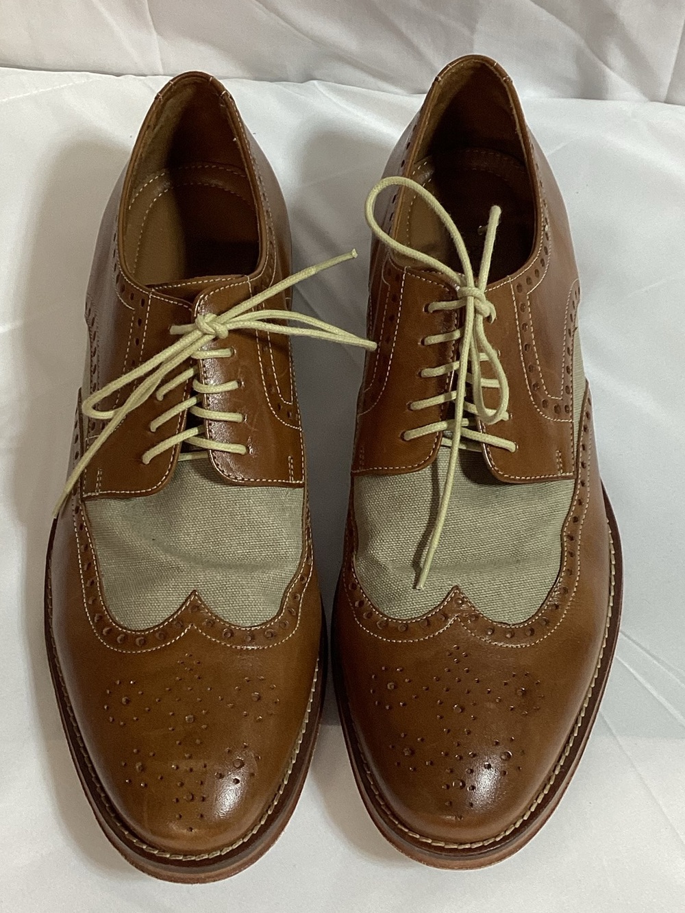 Johnston & Murphy Brown Leather and Beige Canvas Wingtip Oxfords